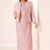 By Saygı Sleeveless Floral Lace Long Dress Stone Detailed Crepe Jacket Lined Plus Size 2-Piece Suit