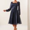By Saygı Square Neck Belted Balloon Sleeve Lined Lurex Dress