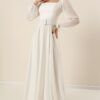 By Saygı Square Neck Belted Waist Lined Chiffon Long Evening Dress