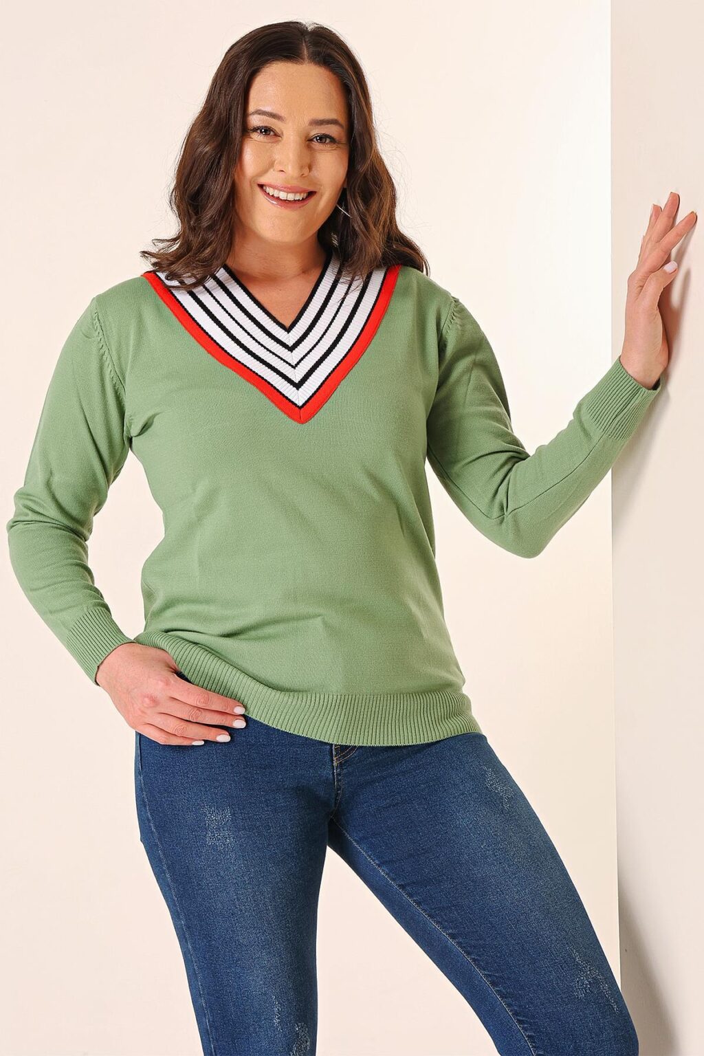 By Saygı Striped V-Neck Plus Size Knitwear Sweater