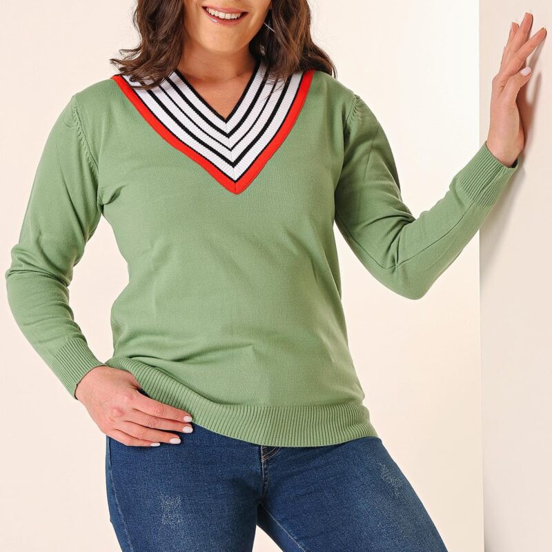 By Saygı Striped V-Neck Plus Size Knitwear Sweater
