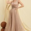 By Saygı V Neck Waist Stoned Lined Top Glitter Inside Satin Long Princess Dress
