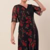By Saygı V-nyakú bélelt rózsa mintás sifon kő részletes lycra plus size ruha fekete