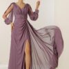 By Saygı V-nyakú elülső draped bélelt ujjak tüll guipure részletes széles testintervallum sifon hosszú ruha