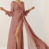 By Saygı V-nyakú elülső draped bélelt ujjak tüll guipure részletes széles testintervallum sifon hosszú ruha