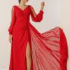 By Saygı V-nyakú elülső draped bélelt ujjak tüll guipure részletes széles testintervallum sifon hosszú ruha