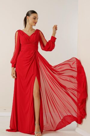 By Saygı V-nyakú elülső draped bélelt ujjak tüll guipure részletes széles testintervallum sifon hosszú ruha