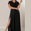 By Saygı dupla mellű nyakkivágás elöl draped bélelt ujjak flounce Slit plus size hosszú Lurex ruha