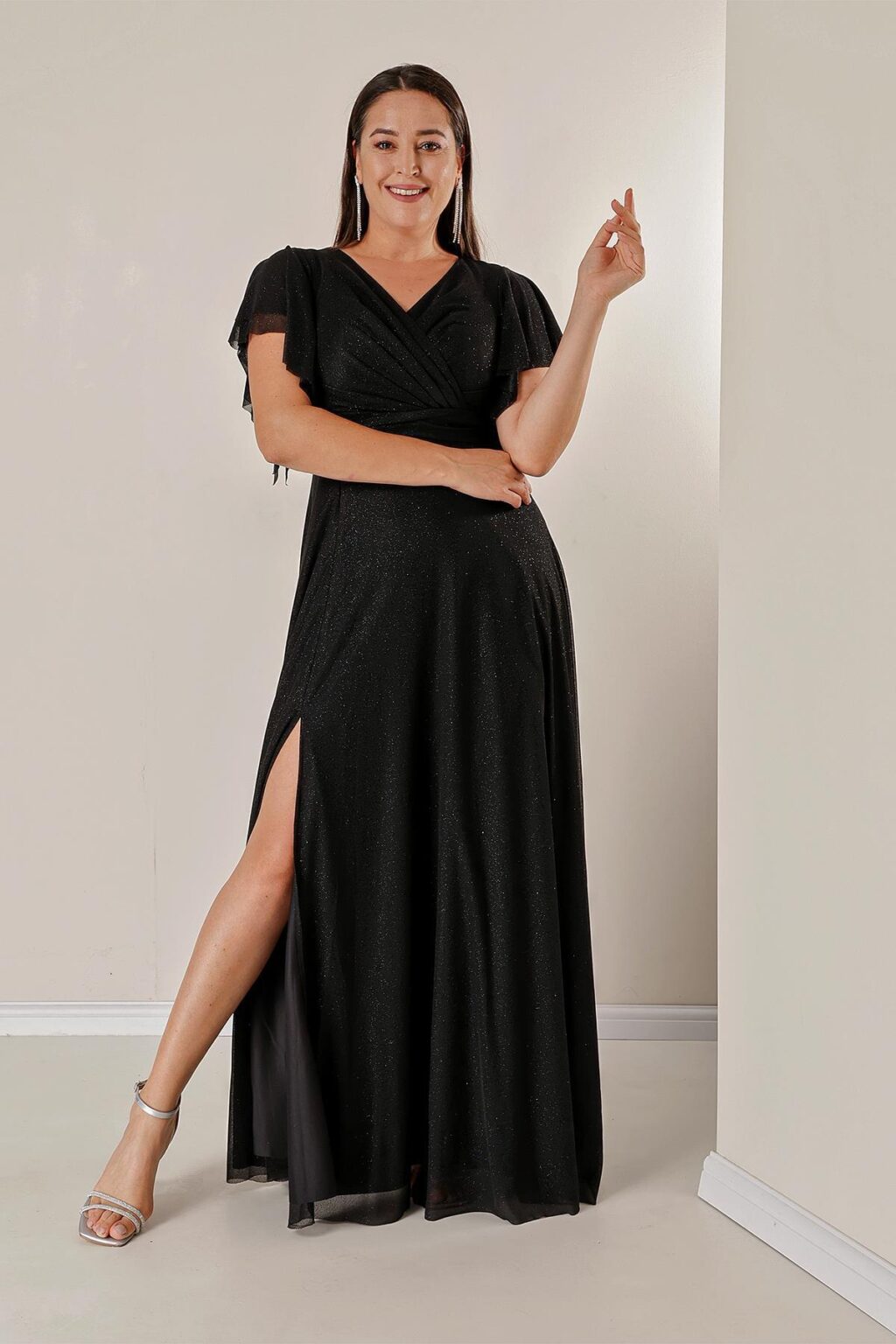 By Saygı dupla mellű nyakkivágás elöl draped bélelt ujjak flounce Slit plus size hosszú Lurex ruha