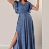 By Saygı dupla mellű nyakkivágás elöl draped bélelt ujjak flounce Slit plus size hosszú Lurex ruha