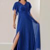 By Saygı dupla mellű nyakkivágás elöl draped bélelt ujjak flounce Slit plus size hosszú Lurex ruha