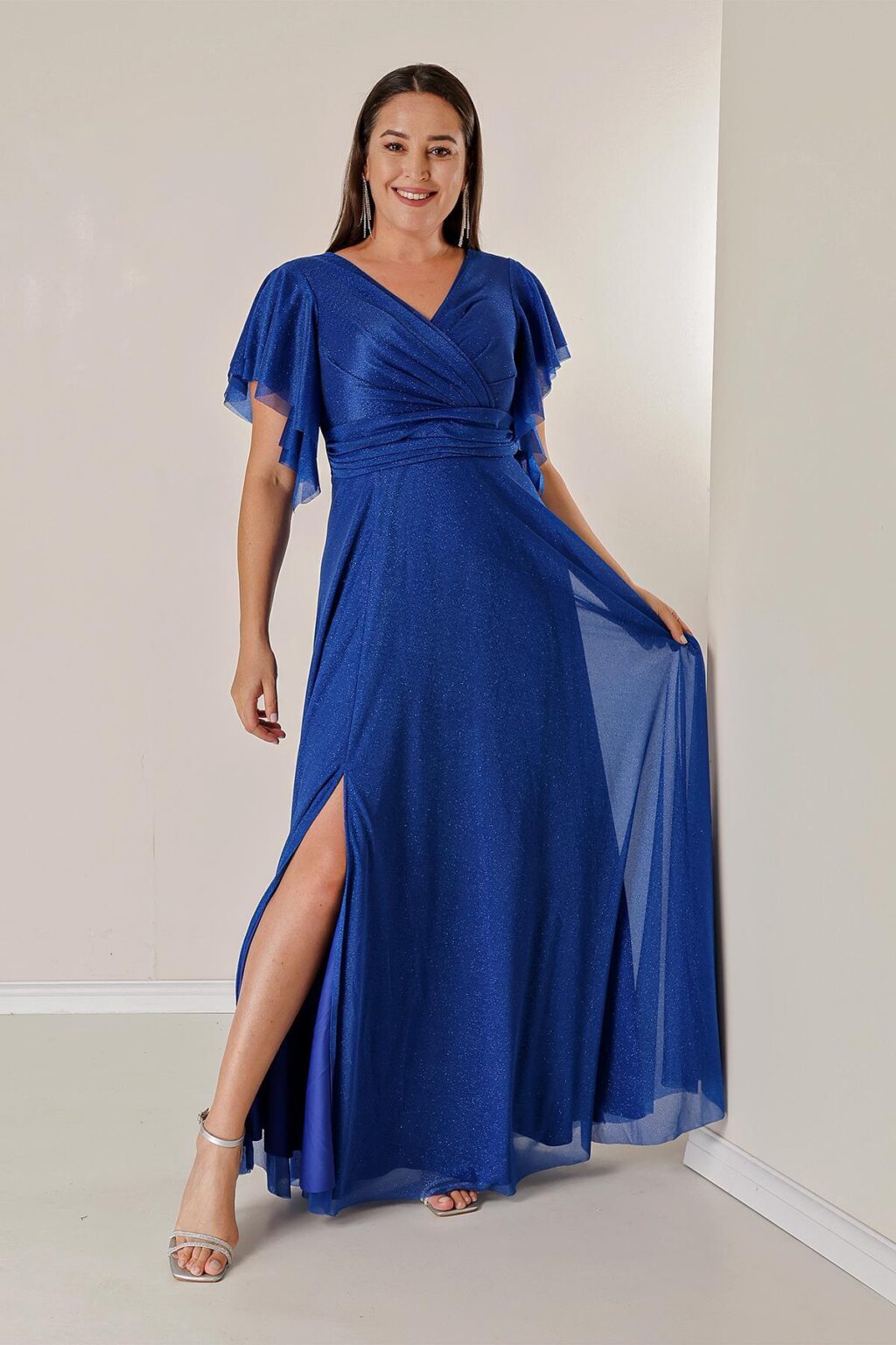 By Saygı dupla mellű nyakkivágás elöl draped bélelt ujjak flounce Slit plus size hosszú Lurex ruha