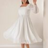 By Saygı szögletes nyakú derékszíjas bélelt plus size sifon ruha