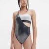 Calvin Klein Women's White-Black Metallic One-Piece Swimsuit with Slit Calvin Kl - Women