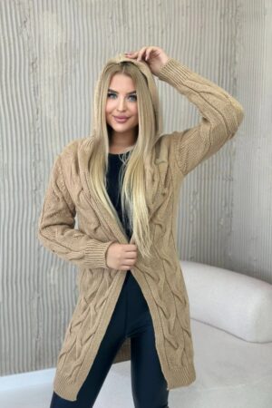 Camel-colored hooded cardigan