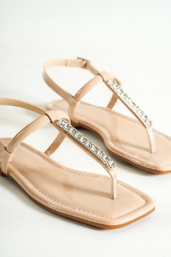 Capone Outfitters Capone Patent Leather Ankle Strap with Stitching Studs Flat Heel Women Beige Women's Sandals