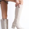 Capone Outfitters Oval Toe Side Zipper Ecru Beige Heeled Women's Boots