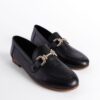 Capone Outfitters Women's Black Genuine Leather Loafer with Gold Buckle