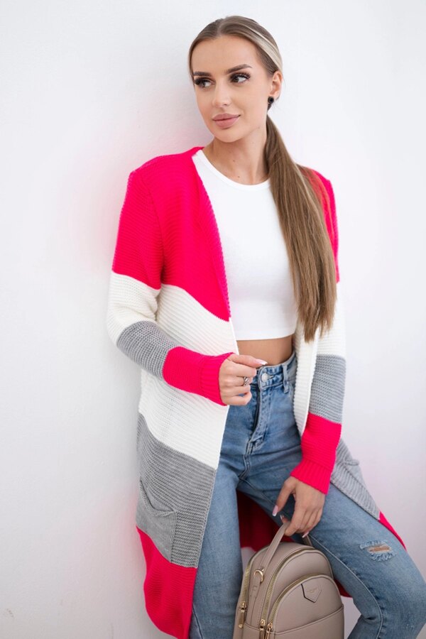 Cardigan sweater with straps raspberry+ecru