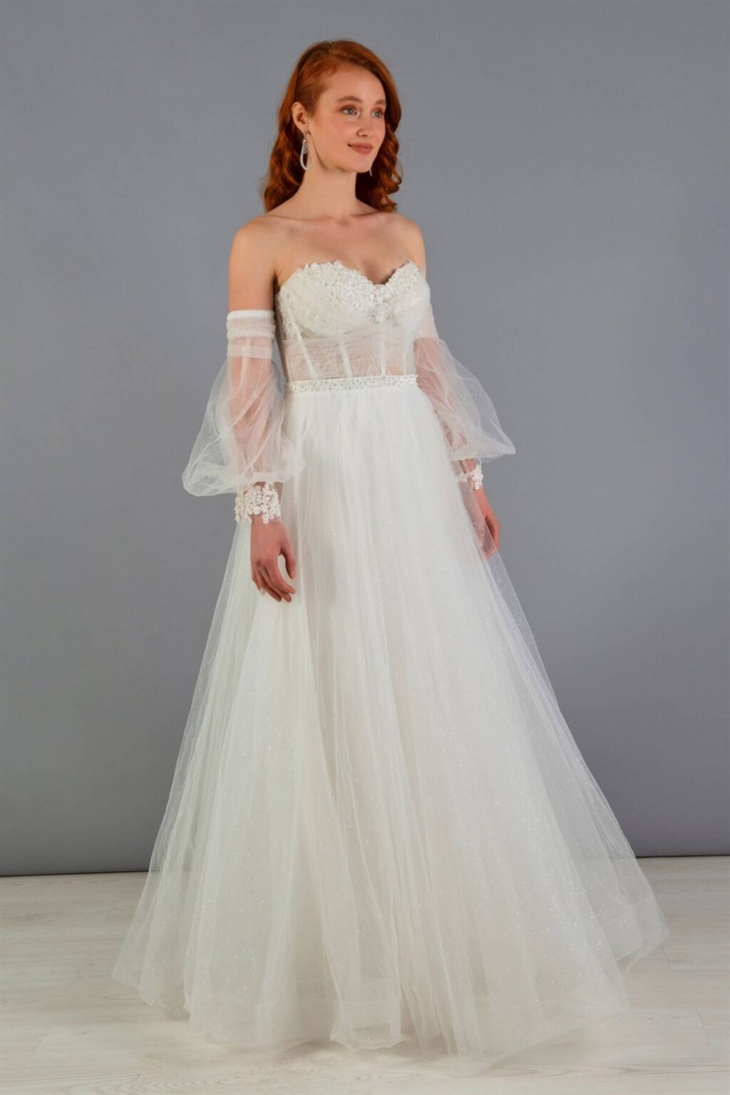 Carmen Ecru Tulle Low Sleeve Engagement Evening Dress