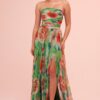 Carmen Green Evening Dress with Straps and a Slit