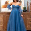 Carmen Indigo Tulle Low Sleeve Engagement Evening Dress
