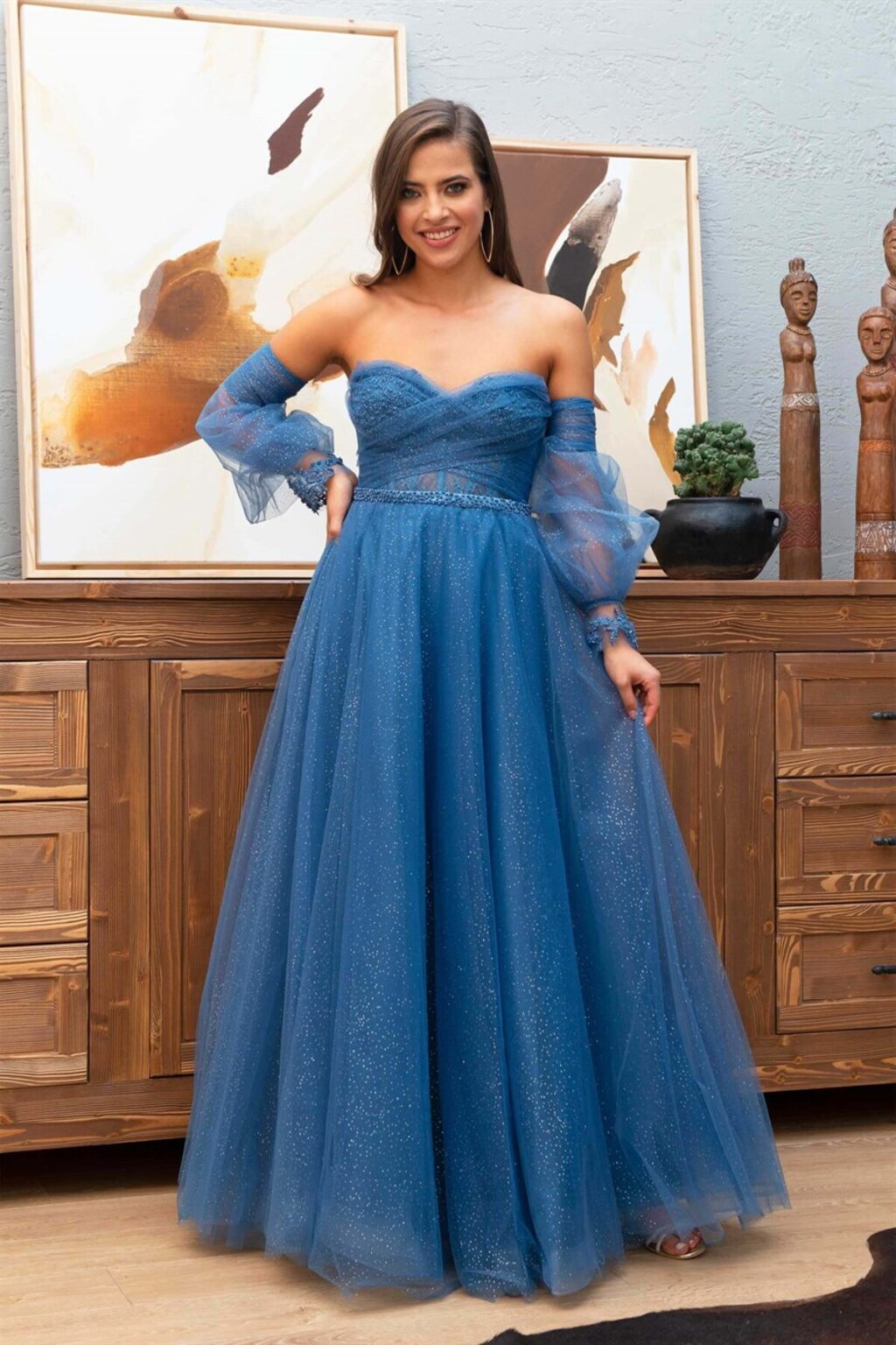 Carmen Indigo Tulle Low Sleeve Engagement Evening Dress
