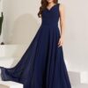 Carmen Navy Blue Chiffon Collar Long Evening Dress And Invitation Dress
