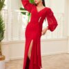 Carmen Red Chiffon Buckle Detailed Long Evening Dress