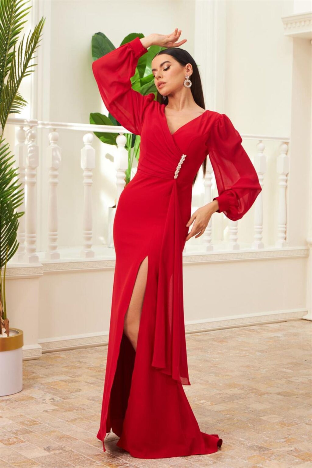 Carmen Red Chiffon Buckle Detailed Long Evening Dress