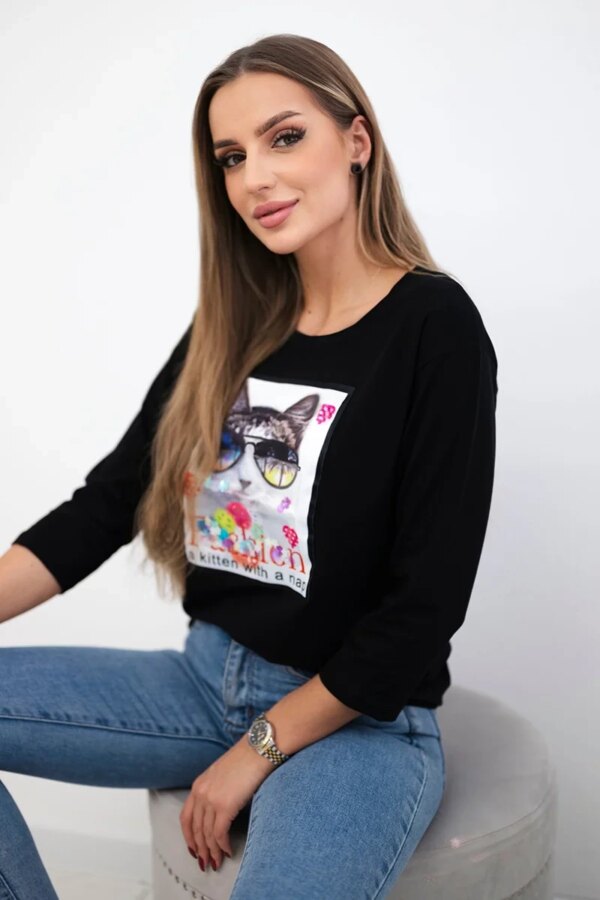 Cat Graphic Blouse 3D Black