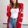 Coat with red subtitles