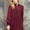 Cocomore Boutiqe dress with stand-up collar and ruffles burgundy