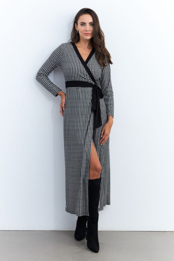 Cool & Sexy Women's Black-Ecru Double Breasted Houndstooth Maxi Dress