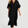 Cool & Sexy Women's Black Linen Midi Dress DMR85