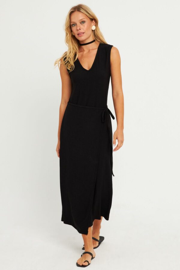 Cool & Sexy Women's Black Waist Tied Wrap Midi Dress