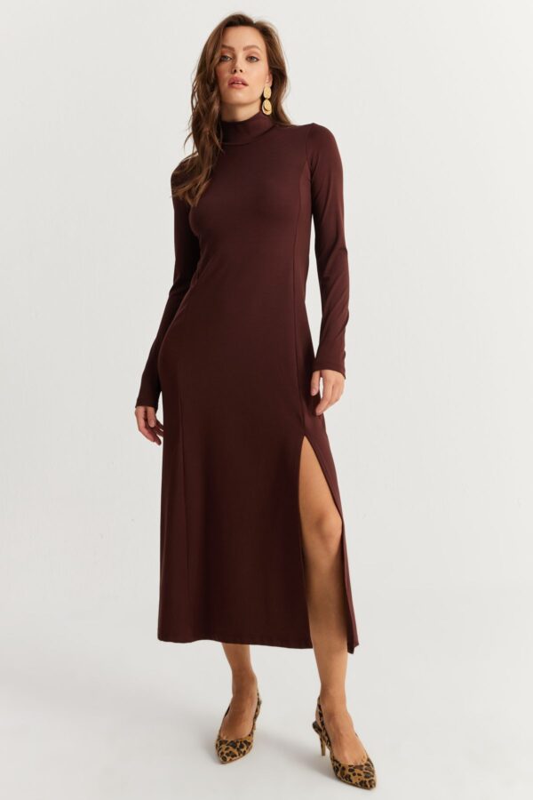 Cool & Sexy Women's Brown Turtleneck Midi Dress HOR15