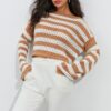 Cool & Sexy Women's Ecru-Camel Spanish Sleeve Openwork Knitwear Short Blouse YV109