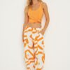 Cool & Sexy Women's Ecru-Orange Patterned Linen Shalwar Trousers K1253