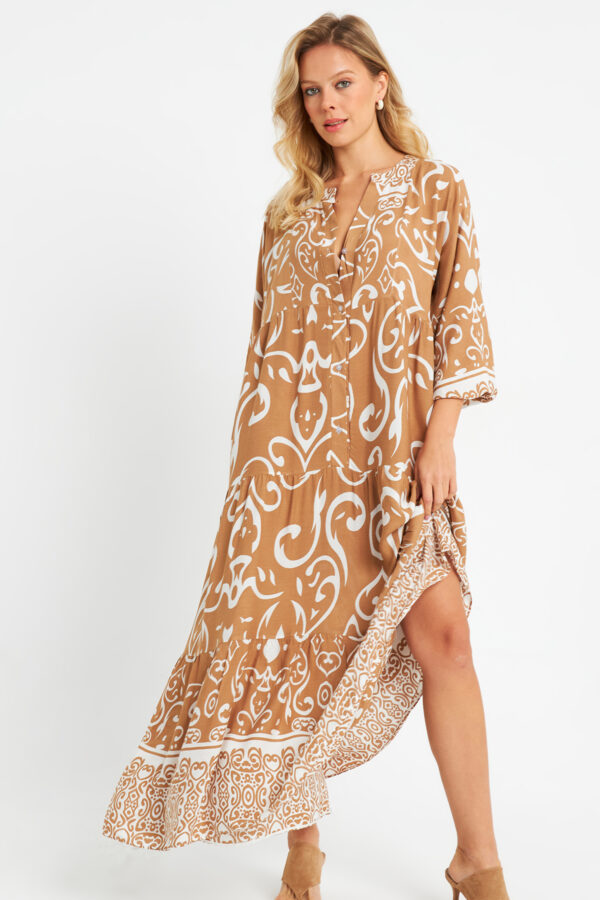 Cool & Sexy Women's Patterned Loose Maxi Dress Camel Q981
