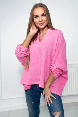 Cotton blouse with rolled up sleeves dark pink