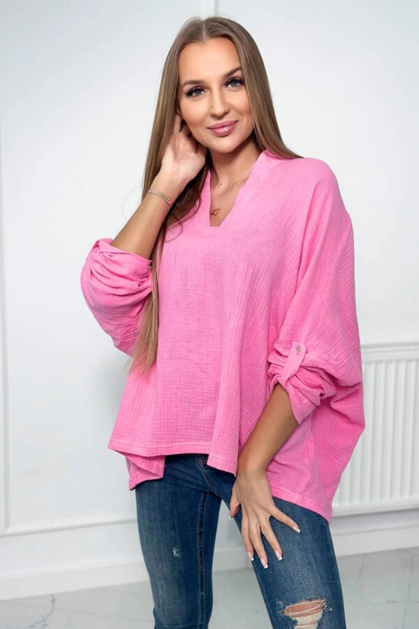 Cotton blouse with rolled up sleeves dark pink