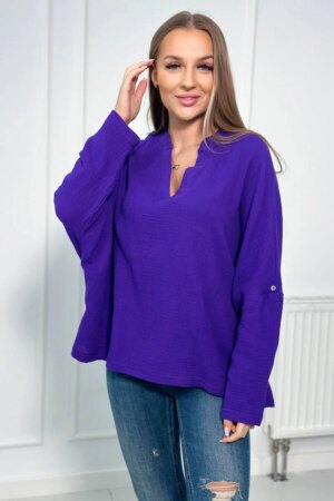 Cotton blouse with rolled up sleeves in dark purple color