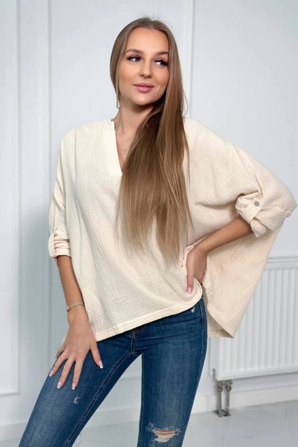 Cotton blouse with rolled up sleeves light beige