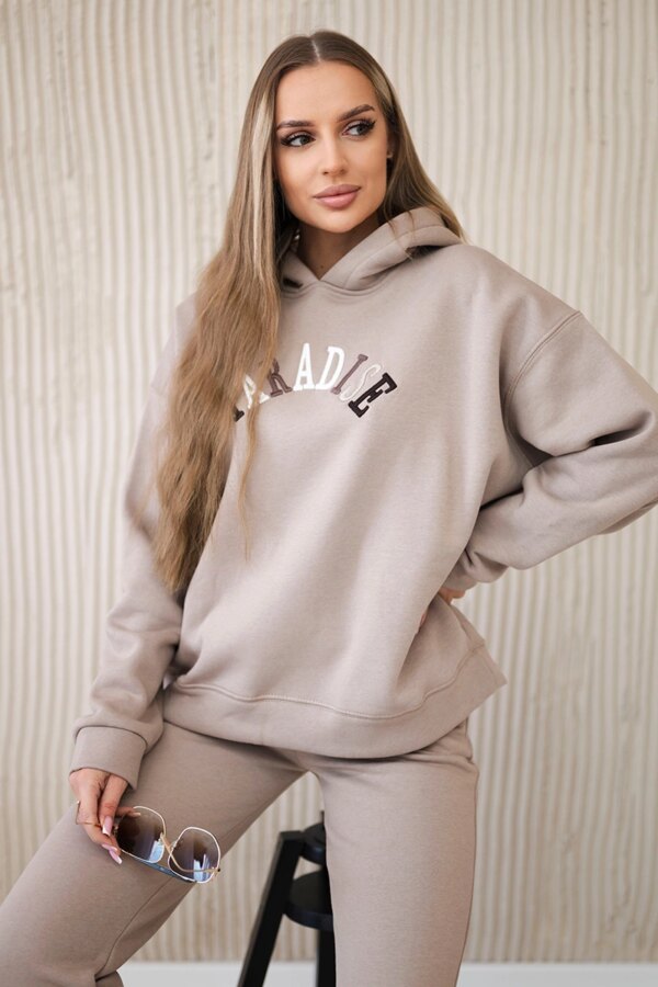 Cotton set with embroidered Paradise inscription dark beige