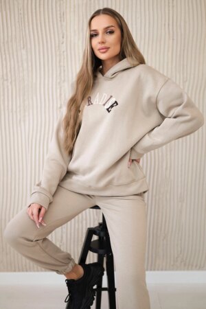 Cotton set with embroidered Paradise inscription light beige