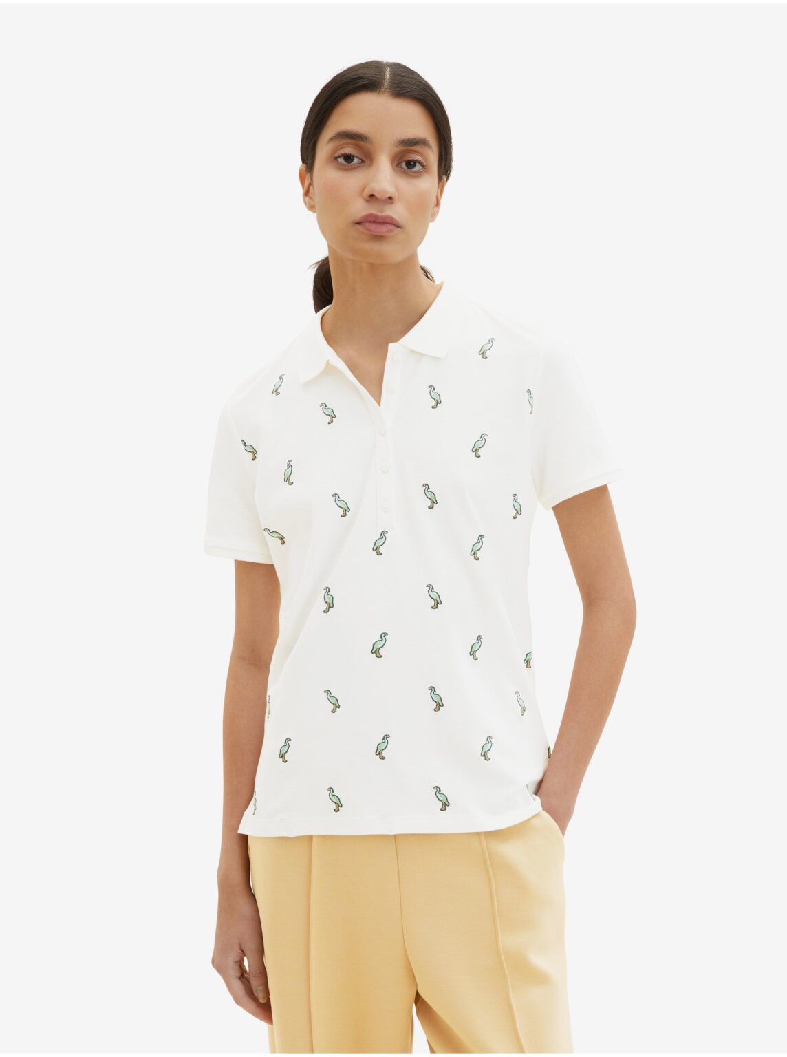 Cream Women's Patterned Polo T-Shirt Tom Tailor - Women
