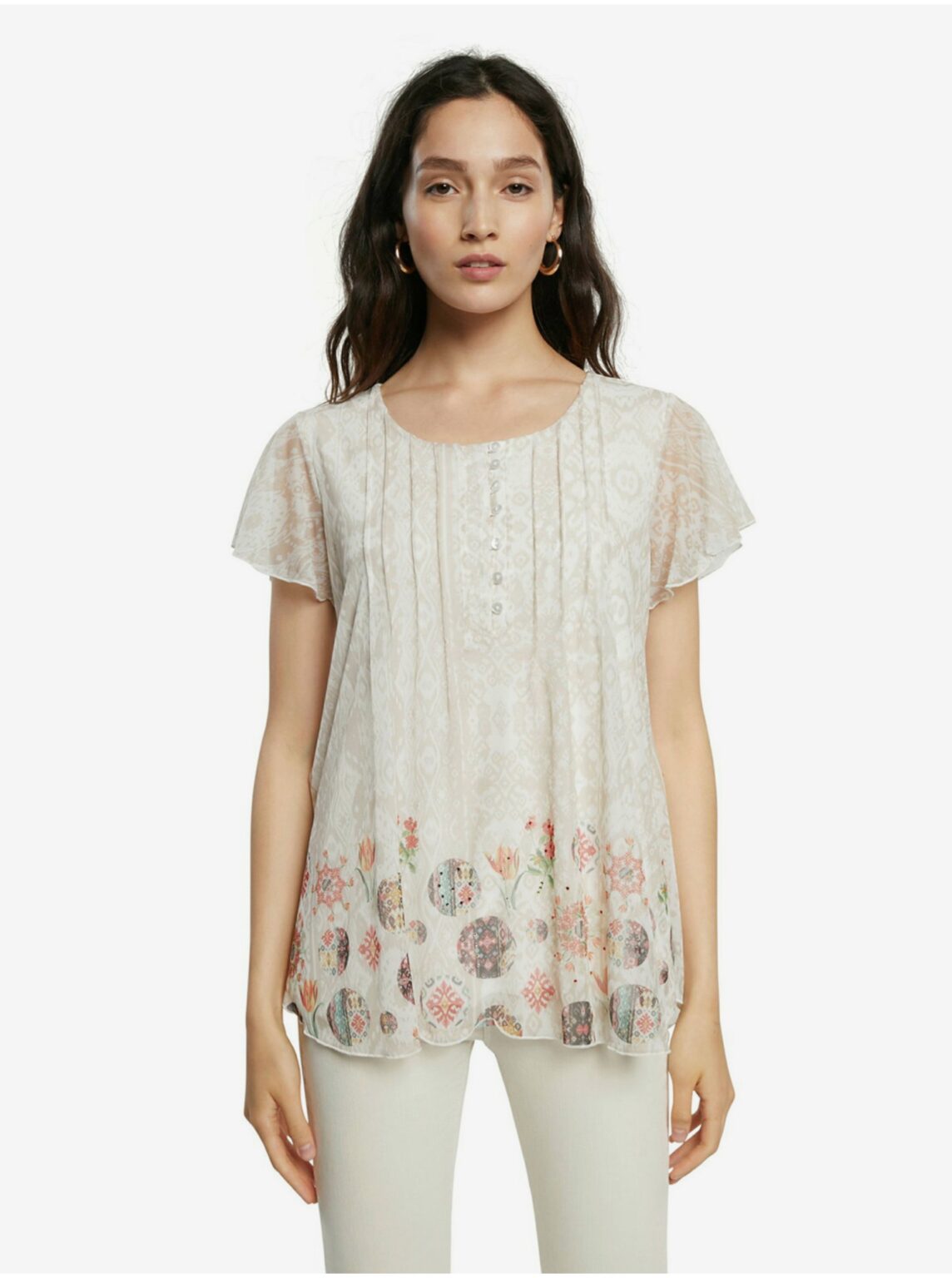 Cream Women's Patterned T-Shirt Desigual TS Norte - Women