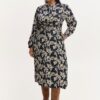 Cream-blue floral shirt midi dress with tie Fransa - Women's