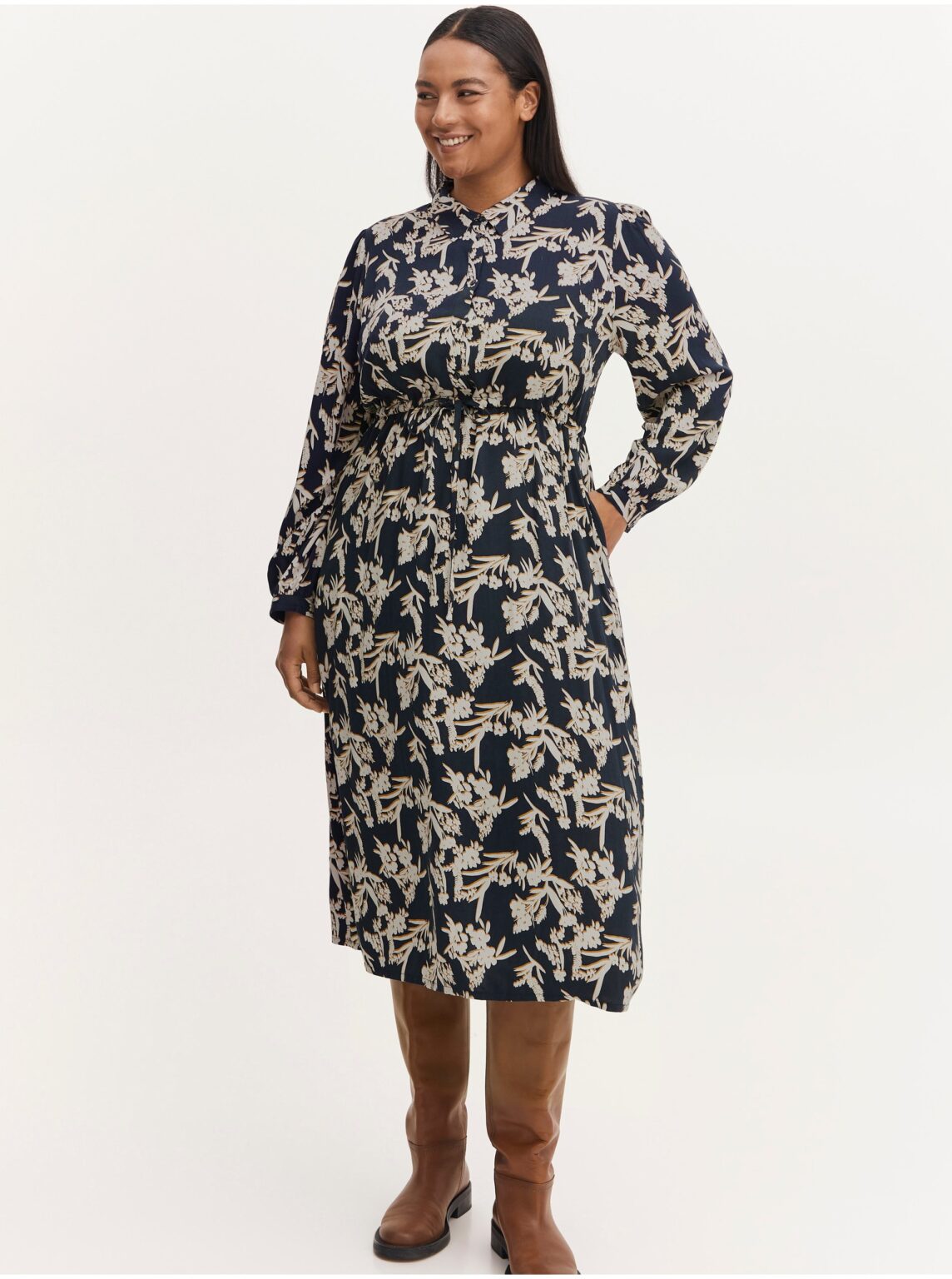 Cream-blue floral shirt midi dress with tie Fransa - Women's